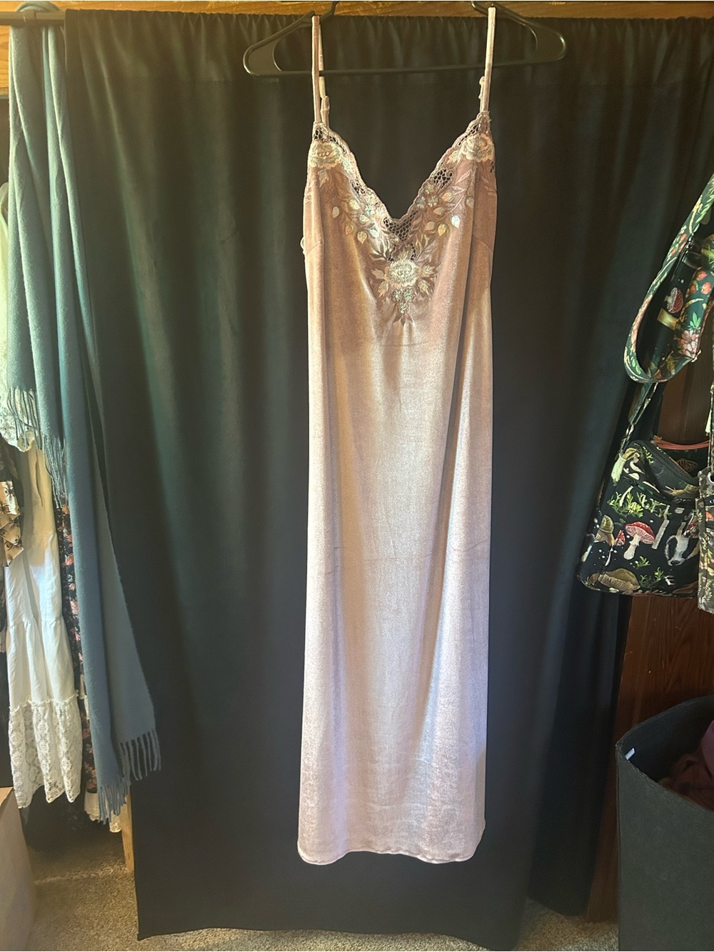 Women's Pink Silk Velvet Dress with Pink and Silver Embroidered Top - Picture 8 of 10